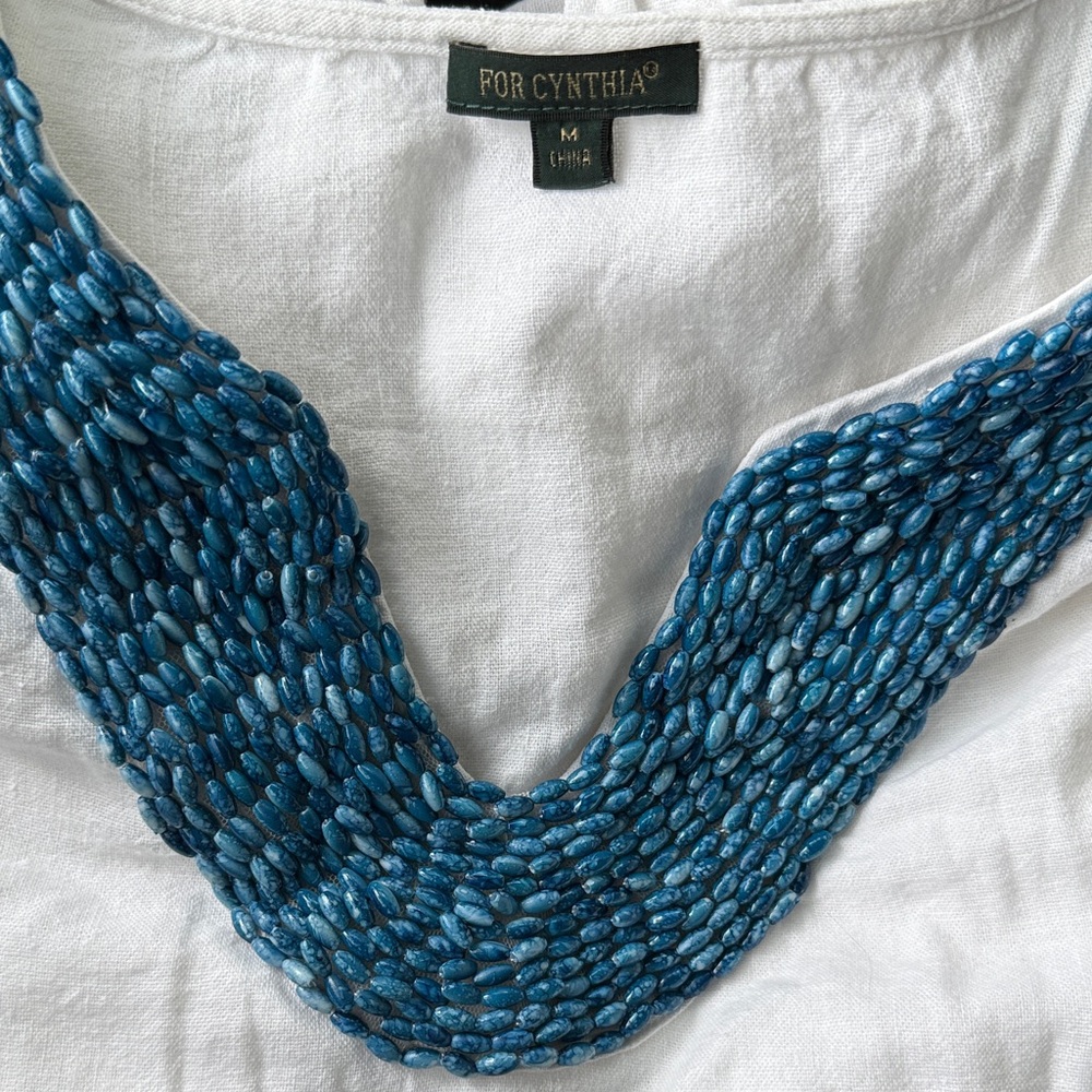 White Linen Blend Dress Cover Up with Blue Beaded